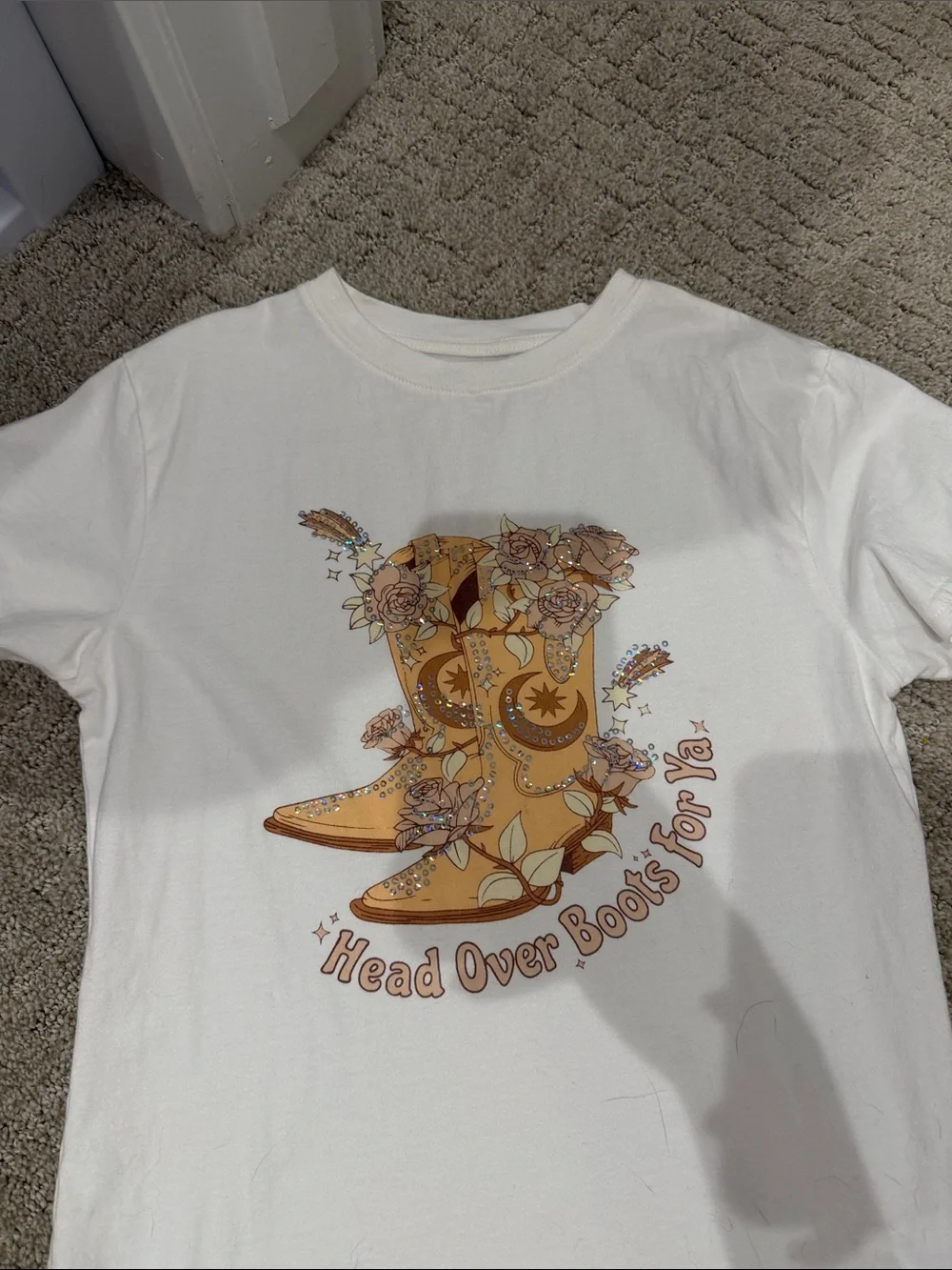 Miss Me White Tee with Tan Floral Cowboy Boots Graphic